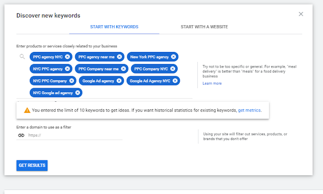 8. Only 10 keywords will research at 1 time in Google keyword planner